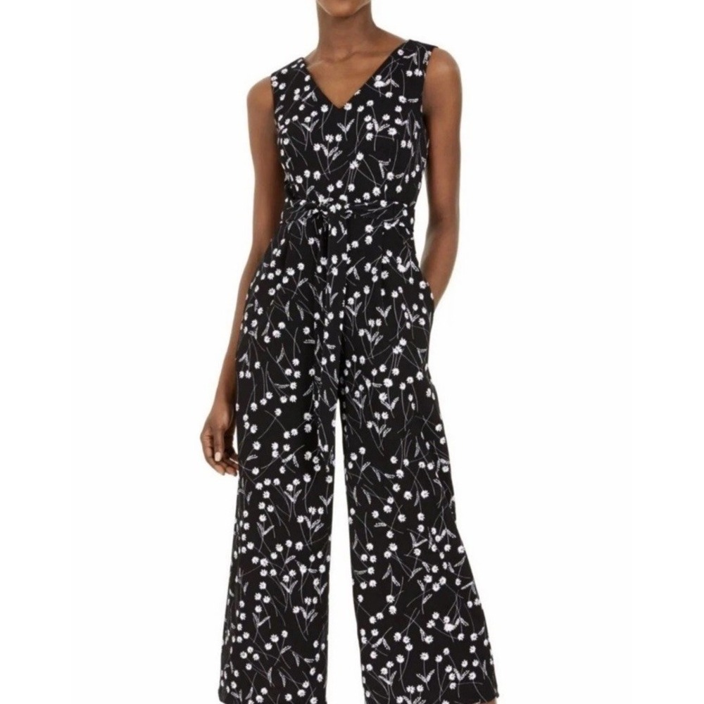 Calvin‎ Klein Sleeveless V Neck Wide Leg Palazzo Jumpsuit Black White Floral 8